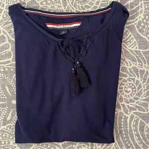 Tommy Hilfiger Navy Blue Short Sleeve Top with Tassels Womens Size S/P